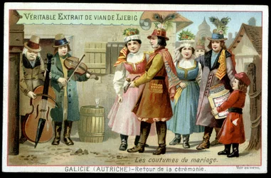Hochzeitsbräuche: Rückkehr der Zeremonie in Galizien, Österreich - Chromolithographie. Liebig, ca. 1895