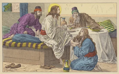 Maria Magdalena zu Füßen Jesu (Farblithografie)