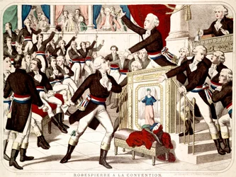 Maximilian Robespierre bei der Konvention (Sitzung vom 19. Thermidor 1794), Jean Lambert Tallian bedroht Robespierre mit einem Messer - Populäre Gravur der Zeit.