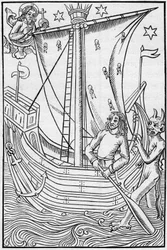 Handelsschiff des Mittelalters inmitten der Gefahren des Meeres. Gravur in „La Marine et les colonies: commerce“