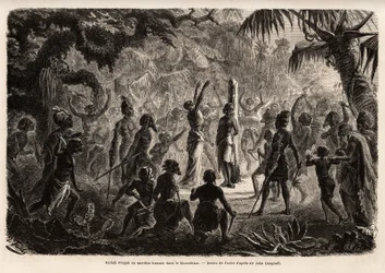 Meriah Pujah oder Menschenopfer, Khondistan (Englische Indien). Zeichnung von Fuchs, zur Illustration von Major John Campbells Studie über Menschenopfer in den Englischen Indien