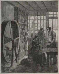 Beruf und Handwerker: Ein Besteckladen in der Provinz im 19. Jahrhundert. Gravur aus 1885 in „Les arts et metiers illustres“ von Adolphe BITARD.