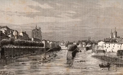 Metz - Blick auf den Hafen Saint-Georges - Moselle - Gravur in „La France illustree: geographie, histoire, administration statistique“ von V.A. Malt-Brown. 1884