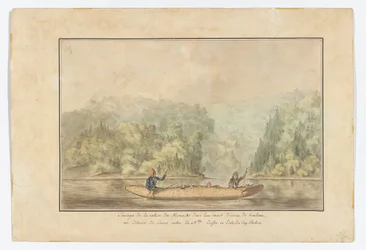 Micmacs in ihrem Birkenrindenkanu; Straße von Canso zwischen Nova Scotia und der Insel Cape Breton