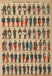 Militäruniformen der französischen Armee und Marine (Farbstich)