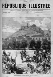 Mobilisierung der griechischen Armee in den Straßen von Athen. Man kann die Akropolis und das Parthenon sehen. Eine Zeitung. Gravur von 1880 in „La republique illustree“ private Sammlung.