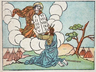 Moses erhält die Gesetzestafeln - in „Sainte Histoire en 120 images“, ed. Maison de la Bonne Presse, Paris