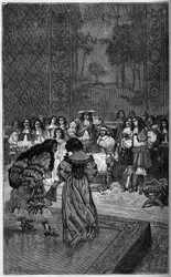 Molière und seine Truppe spielen vor König Ludwig XIV. und Kardinal Jules Mazarin (Giulio Raimondo Mazzarino) (1602-1661). Gravur in „Die illustrierte Welt“ 1886