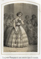 Mondanität: Die junge Französin macht ihren Eintritt in die Welt. Sie wird von allen bewundert. Anonyme Gravur des 19. Jahrhunderts