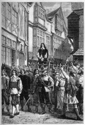 Montrose wurde auf einem Wagen ins Gefängnis gebracht - James Graham (1612-1650), Marquis von Montrose, schottischer General, ausgestellt in der High Street von Edinburgh, 1650 - Gravur aus „L