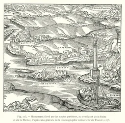 Denkmal errichtet von den Pariser Nautes, am Zusammenfluss von Seine und Marne; nach einem Stich aus der Cosmographie universelle von Thevet; 1575 (Gravur)