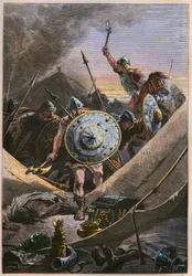 Maurische Invasionen im Mittelalter: Die Franken unter der Führung von Karl Martell greifen das Lager der Sarazenen während der Schlacht von Tours (Schlacht von Poitiers) an und stoppen die muslimische Invasion im Jahr 732