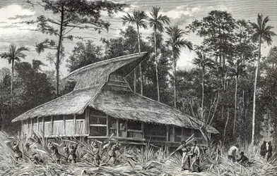 Moschee in Dodinga, Neuguinea, Illustration aus der Zeitschrift Le Tour du Monde, 1879