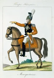 Berittener Musketier, aus Troupes Francaises, veröffentlicht bei Basset, Paris, um 1790