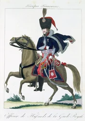Berittener Offizier der Husaren der Königlichen Garde, aus Troupes Francaises, veröffentlicht bei Basset, Paris, um 1790