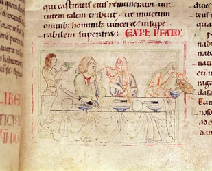 Ms.1215 t.3 fol.158v, Mahl mit Judith und Holofernes, aus der Bibel von Etienne Harding, 1109