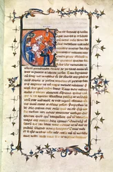 Ms.239 fol.1 Seite mit einer Initiale, die einen sitzenden Mann vor dem Rad des Schicksals darstellt, aus 
