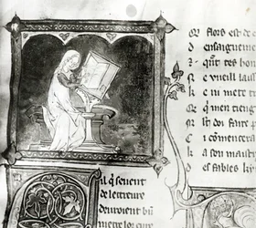 Marie de France (fl. 12. Jahrhundert) schreibt, aus einer Anthologie französischer Gedichte, ca. 1280-90 (Detail)