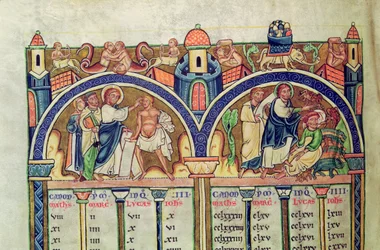 Kanon der Evangelisten, Detail (Christus heilt den Mann mit Wassersucht und vertreibt Dämonen aus einem Besessenen), aus einer lateinischen Bibel