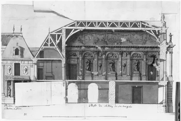 Ms 130736 Süd-Nord-Querschnitt des Grand Salon und der Salle de Diane des Schlosses von Versailles, gebaut von Louis Le Vau (1612-70)