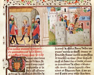 Ms 149 t.1 fol.16 Eine Vereinbarung und der Bau einer Burg, aus der Histoire des Nobles Princes de Hainaut, von Jacques de Guise