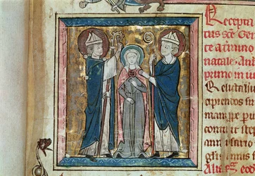 Ms. 16261, fol. 1, Inthronisierung der heiligen Genoveva, aus dem Grundbesitzregister der Abtei Sainte-Geneviève