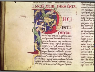 Ms 173 Historisierte Initiale P mit Zentauren, Drachen und Monstern, aus Moralia in Job von Papst Gregor dem Großen