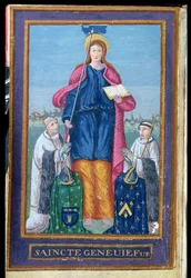Ms 1847 Darstellung von St. Genevieve, aus einem Manuskript über den Transport ihres Reliquiars, 1594