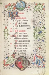 Januar: Wassermann und ein Mann, der sich am Herd wärmt, aus einem Stundenbuch, frühes 15. Jahrhundert