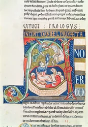 Ms 1 fol.185v Historisierte Initiale A, die Daniel in der Löwengrube darstellt, aus der Souvigny-Bibel