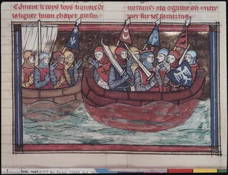 Ms 22495 fol.287 Einschiffung ins Ausland, aus Le Roman de Godefroi de Bouillon, 1337