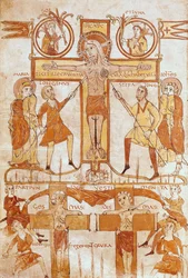 Ms 24 fol.7v Die Kreuzigung und die Verteilung der Kleider des Erlösers, aus einem Evangelium