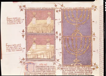 Tabelle der Opfergaben und die Menora, aus Postilles sur la Bible von Nicolas de Lyre