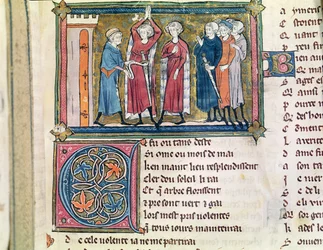 Ms 3142 fol.179 Bewaffnung eines Ritters, aus Recueil de Poesies Francaises, ca. 1280-90