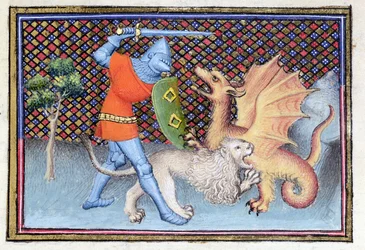 Ms. 3480 Yvain, der Ritter mit dem Löwen, im Kampf mit einem Drachen, Miniatur aus dem Roman de Lancelot, Detail