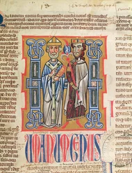 Ms 354 fol.9 Miniatur eines Bischofs und Königs aus dem Decretum Gratiani, 14. Jahrhundert