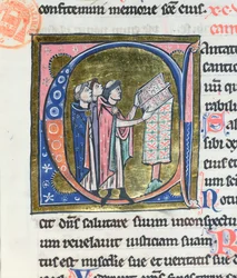 Ms 36 Historisierte Initiale C, die einen Mönch zeigt, der ein Messbuch liest, aus einer lateinischen Bibel