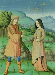 Ms 493 fol.123v Begegnung von Aeneas und Anne, der Schwester von Dido, aus der Aeneis mit Kommentar von Servius, 1469