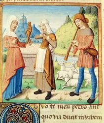 Ms 493 fol.15v Der Hirte Menalcas und seine unerwiderte Liebe, aus den Eklogen von Virgil mit einem Kommentar von Servius, 1469