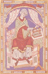 Ms 501 fol.5v Baudemond beim Schreiben, aus Vie et Miracles de Saint Amand