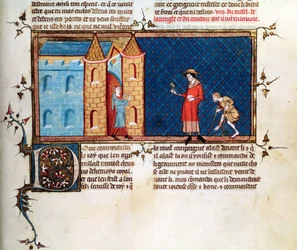 Ms 5080 fol.373r Zwei Aussätzige betteln, aus Le Miroir Historial, von Vincent de Beauvais