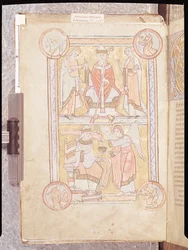 Ms 512 fol.4v St. Gregor der Große (ca. 540-604) zwischen seinem Vater Gordien und seiner Mutter Silvia und einem ertrunkenen Mann als Engel, aus Liber Pastoralis