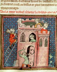 Der Bau des Turms von Babel, aus der Bible Historiale von Guiart des Moulins