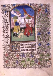 Ms 69 f.52r Zwei Engel erscheinen den Hirten, aus dem Besançon Stundenbuch (Pergament)