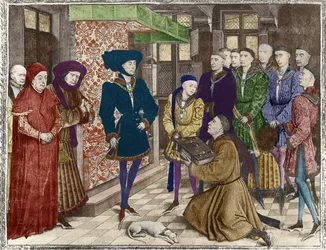 Ms 9242 Hennegau-Chroniken, Philipp der Gute, Herzog von Burgund, präsentiert mit der Übersetzung der Chroniken von Jean Vauquelin, Karl der Kühne als Kind zu seiner Linken (spätere Kolorierung)