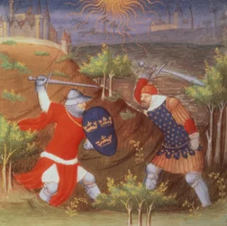 König Artus kämpft gegen einen römischen General, aus einer Handschrift der Histories