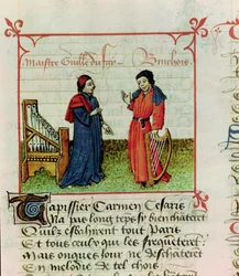 Ms Fr 12476 fol. 98 Guillaume Dufay (gest. 1474) und Gilles Binchois (gest. 1460), aus Le Champion des Dames von Martin le Franc (1410-61), 1440