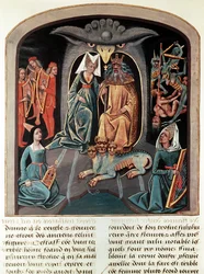Ms Fr. 143 f.136v Hades und Persephone im Unterwelt auf einem Thron in Form eines Adlerkopfes mit Cerberus davor