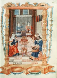 Die Jungfrau Maria webt in einer Werkstatt, aus Chants royaux sur la Conception couronnee du Puy de Rouen