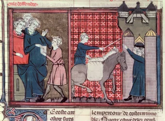 Ein Bote wird geschickt, um Antiochia zu retten, aus Le Roman de Godefroi de Bouillon, 1337
